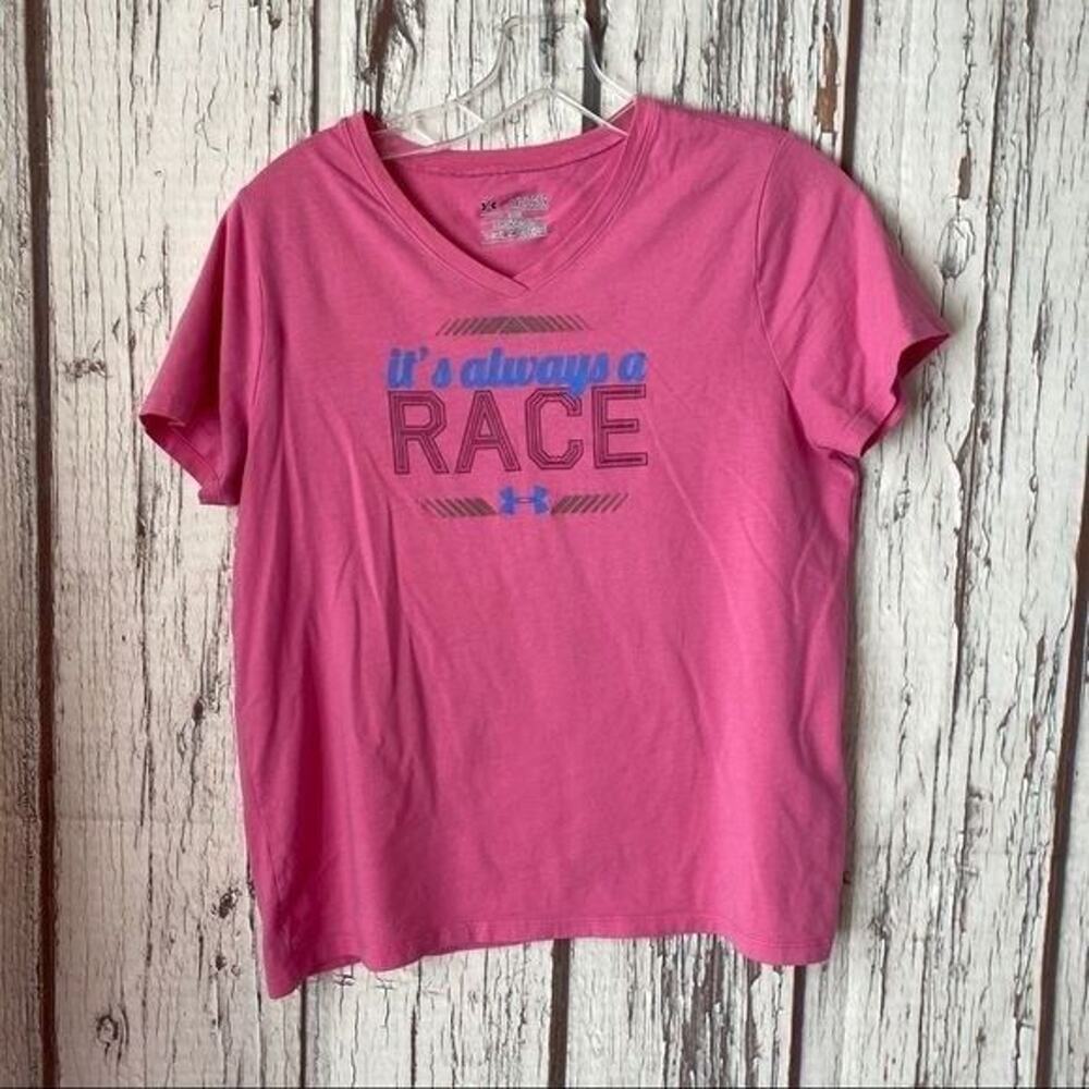 Under Armour UA Tee Shirt Youth Girls XL Pink Loose Basic Heat Gear Logo Running